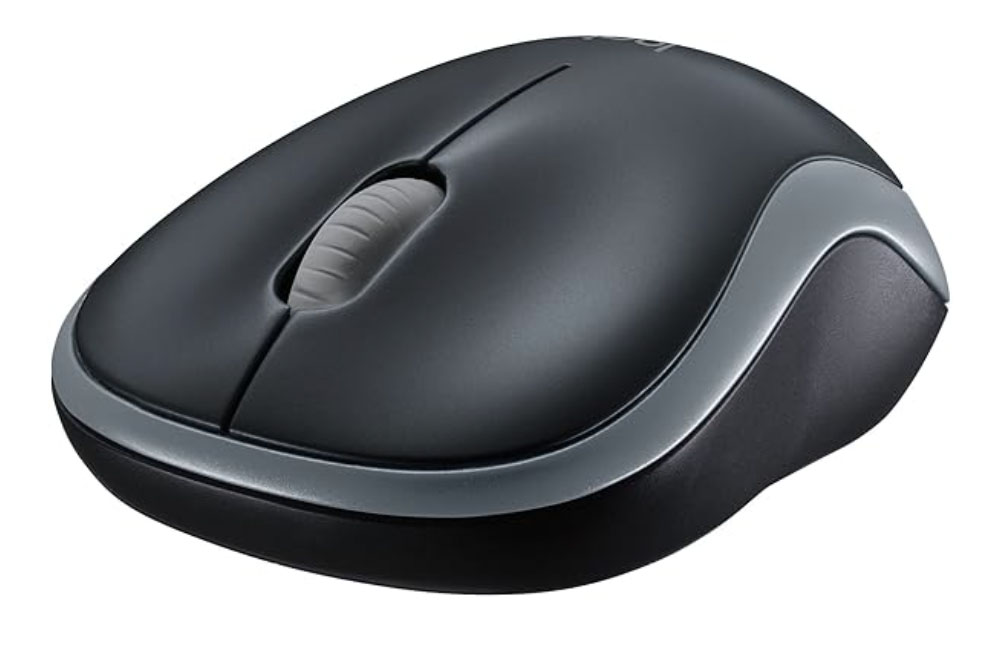 A Logitech wireless optical mouse in black and grey.