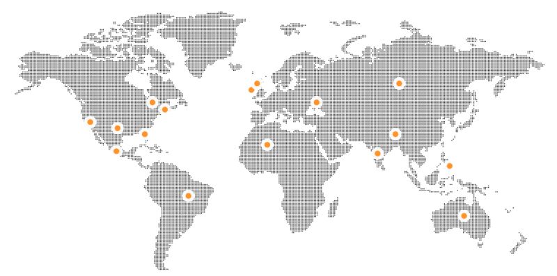 Map dotted with orange circles showing where ChatterBuzz’s team comes from.