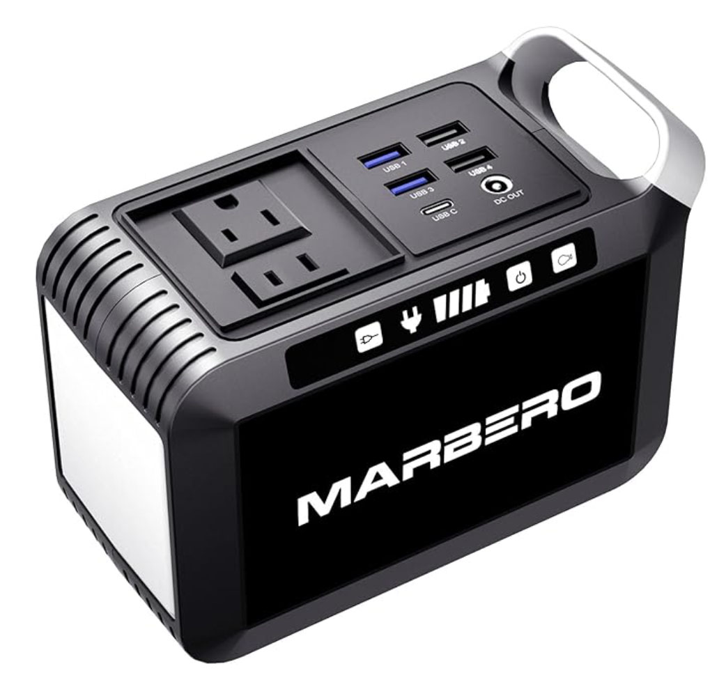 Marbero portable power bank with USB-C ports and output sockets.