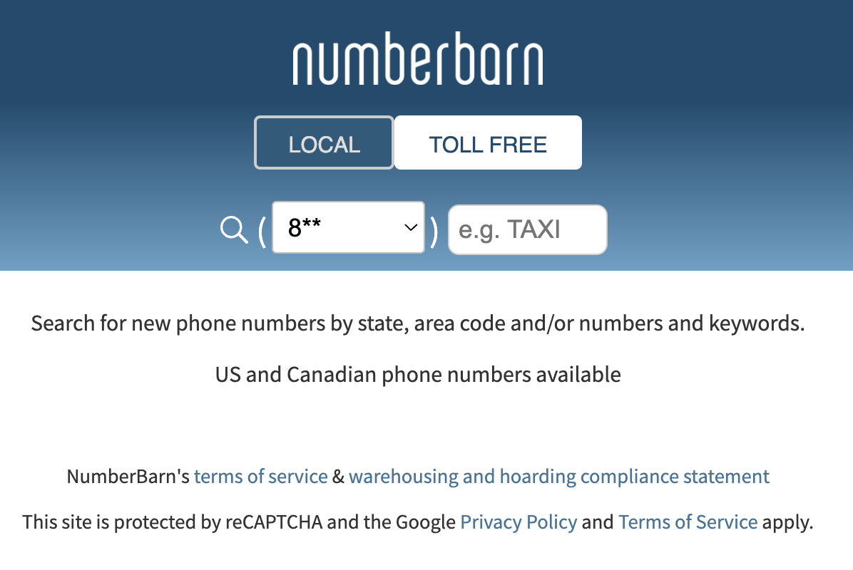 NumberBarn number search tool with input fields for the toll-free prefix and digits.