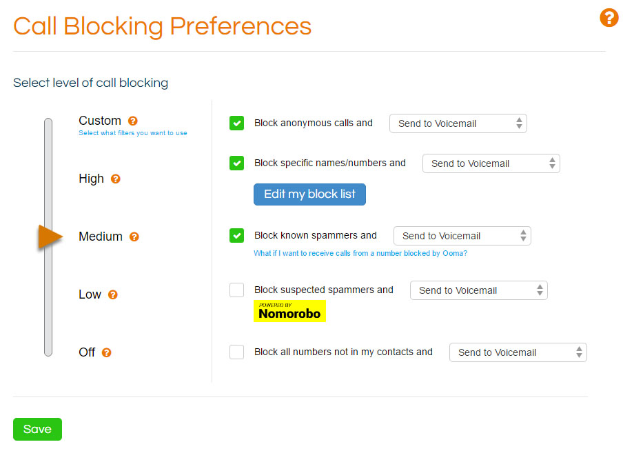 Ooma interface showing the "Call Blocking Preferences".