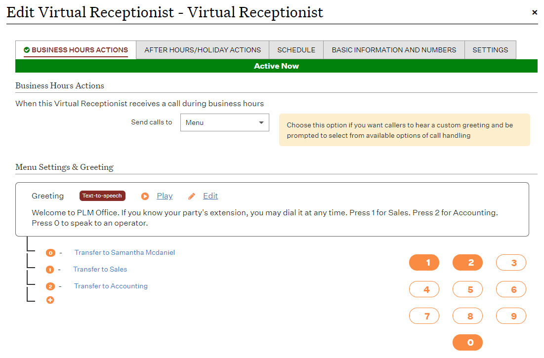 Ooma interface showing virtual receptionist settings, which include the text-to-speech tool for the phone greeting.