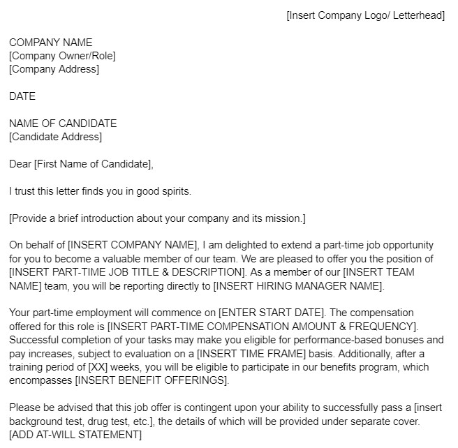 Part-Time Employment Offer Letter Template.