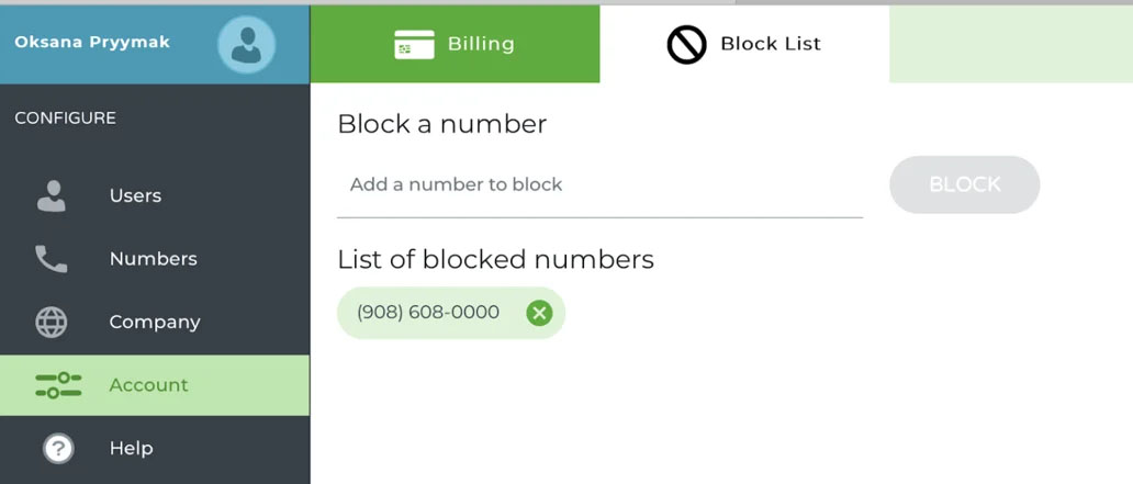 Phone.com interface showing the Block List tab and a list of blocked phone numbers.