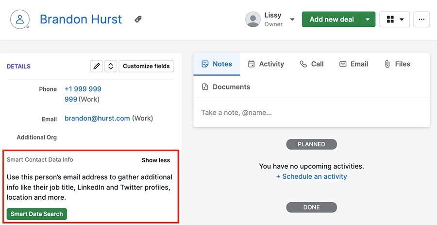 Pipedrive Smart Data Search to open the contact detail.