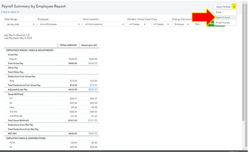 Payroll summary by employee report showing total wages earned by state.