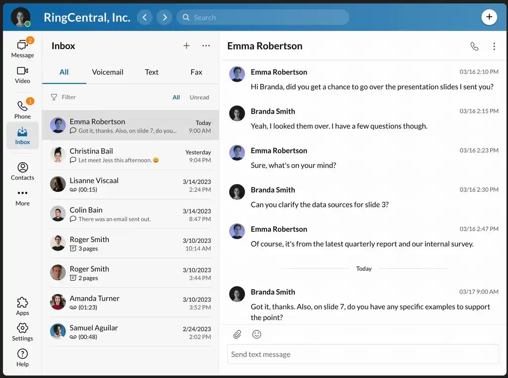 RingCentral inbox for all communications on desktop screen.