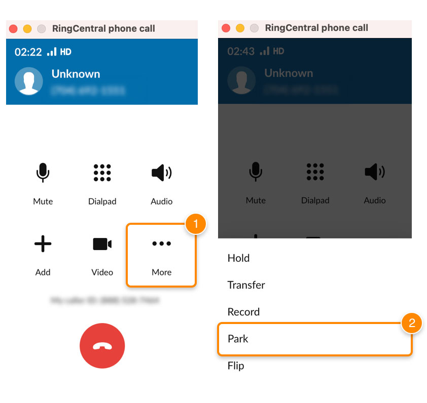 RingCentral interface showing a dialog box displaying an active call and the "Park" option highlighted in an orange box.