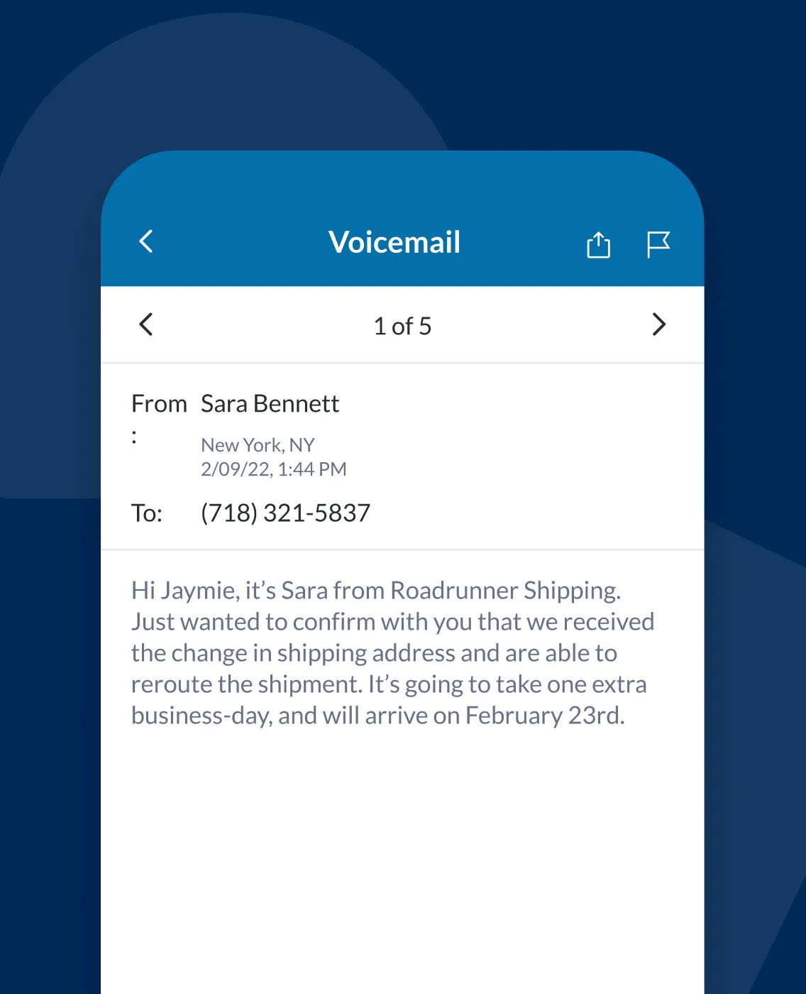 RingCentral interface showing a voicemail transcription.