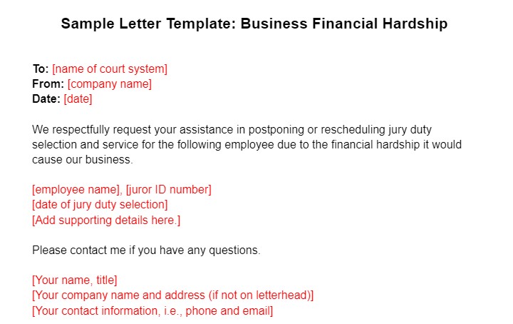 Sample Letter Template: Business Financial Hardship.
