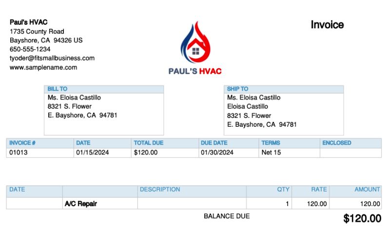 Sample invoice in QuickBooks Online with a company logo and customized fileds