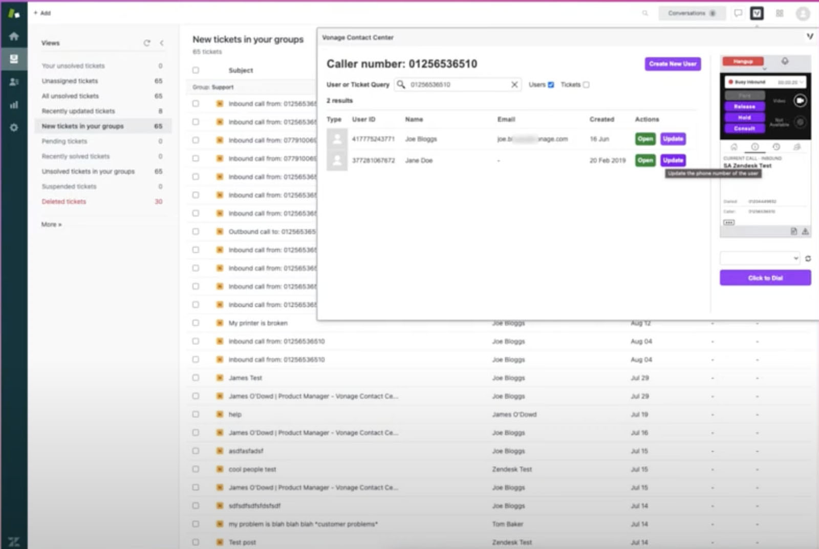 The Vonage Contact Center for Zendesk interface showing customer data and phone system tickets.