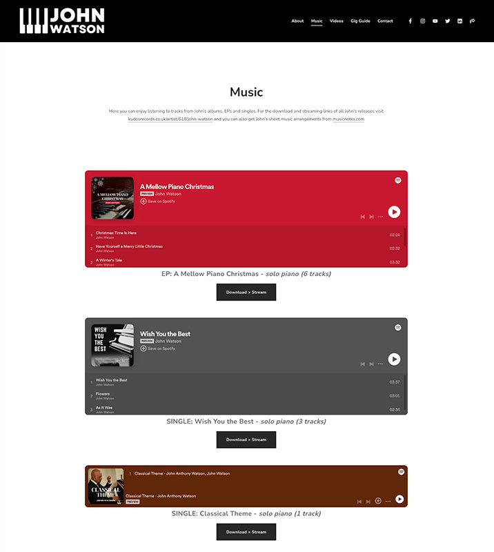 Various music releases by musician John Watson embedded on their portfolio from Spotify.