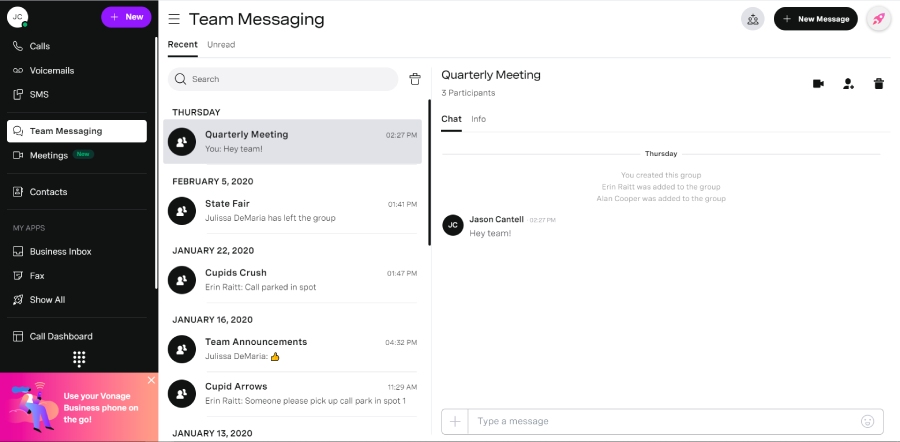 A Vonage group chat labeled "Quarterly Meeting"