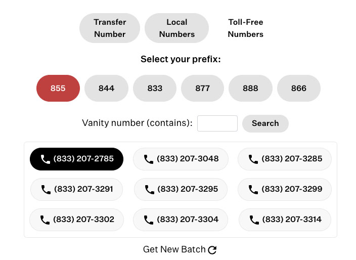 Widgets of toll-free prefixes and three columns of Ooma’s toll-free numbers.