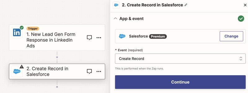 Zapier creating automation for new lead records in Salesforce.