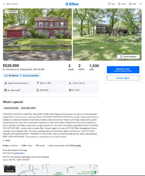 Foreclosure listing on Zillow.