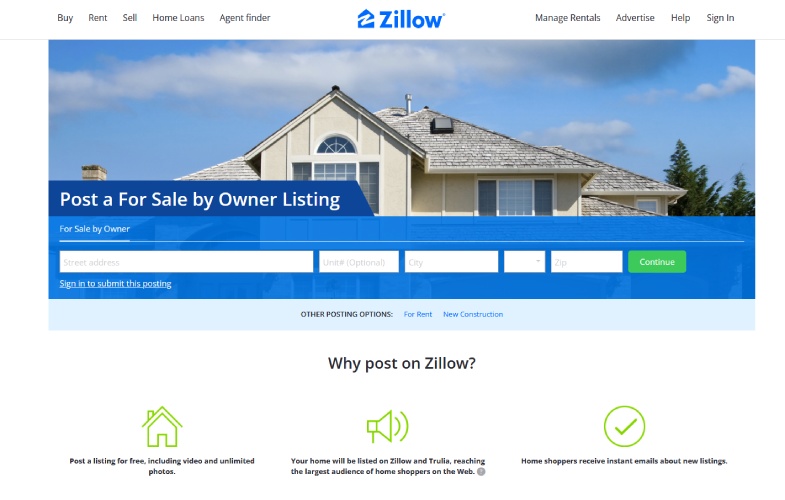Zillow page for property listings sold by owner.