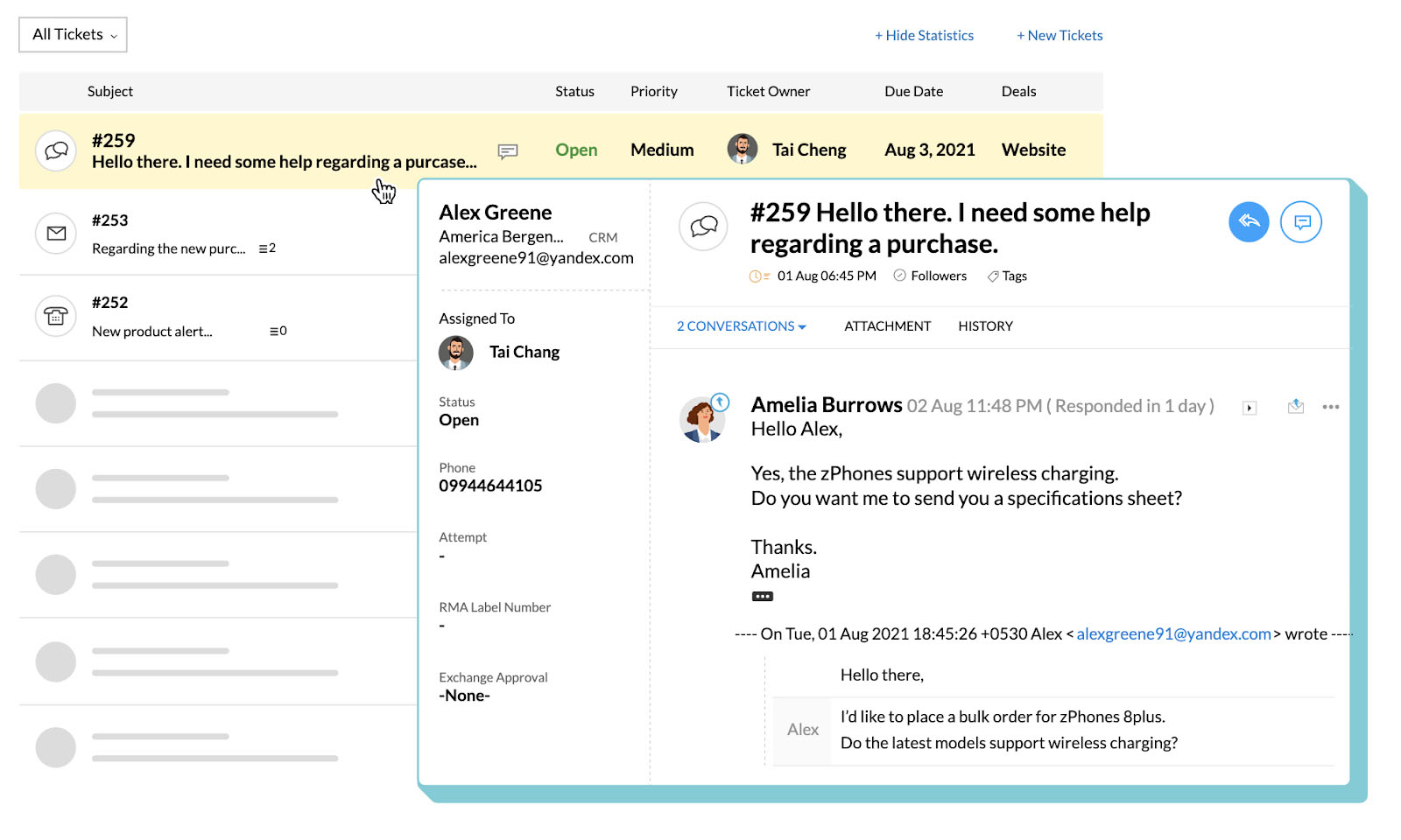 Zoho CRM contact management email page.