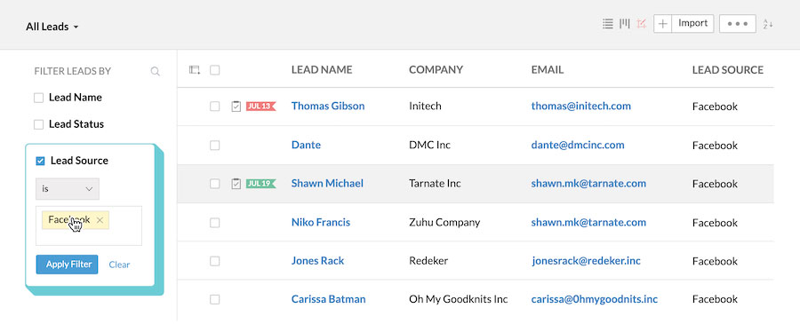 An example of Zoho CRM's lead management system with filters for name, status, and source.