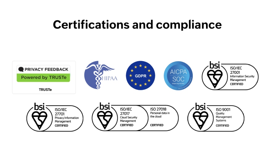 Logo consolidation of Zoho's security certifications and compliance.