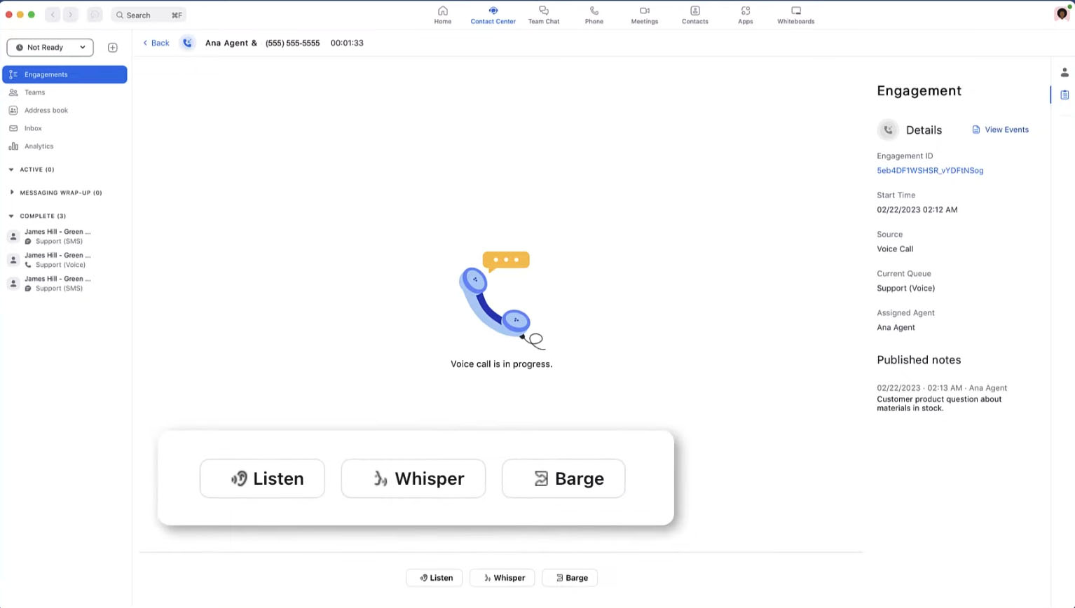 Zoom Contact Center interface showing a live voice call with the call monitoring options "Listen," "Whisper," and "Barge" displayed in a larger size.