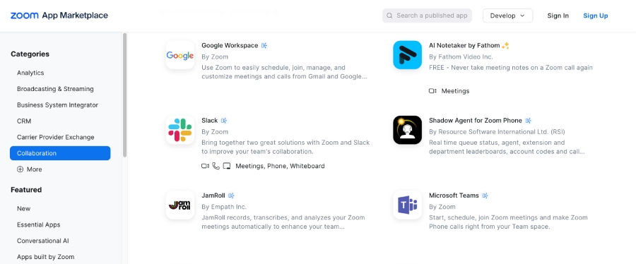 Screen capture of Zoom's marketplace and its top collaboration apps.