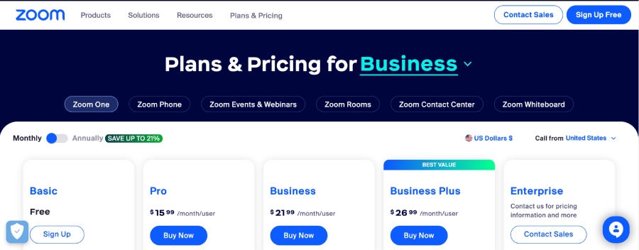 Zoom’s plans and pricing for business