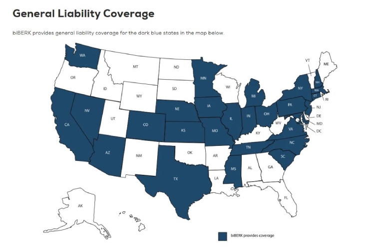 Coverage Map of where biBERK offers general liability coverage