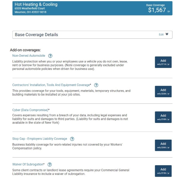 biberk website showing a sample quote with optional coverage endorsements