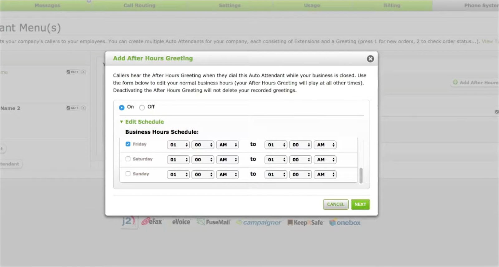 eVoice dialog box showing the after-hours greeting settings.