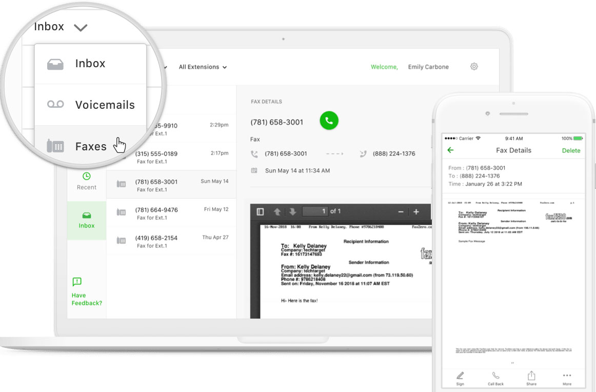 A laptop and a mobile phone showing virtual faxes on the Grasshopper app.