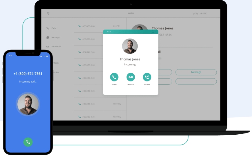 A laptop screen and a smartphone displaying the eVoice incoming call window.