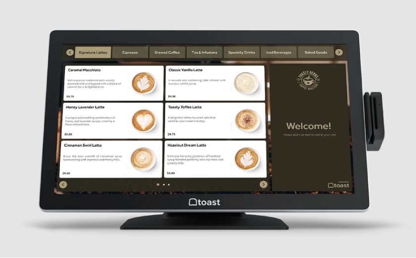 Picture of a Toast POS system displaying a coffee menu.