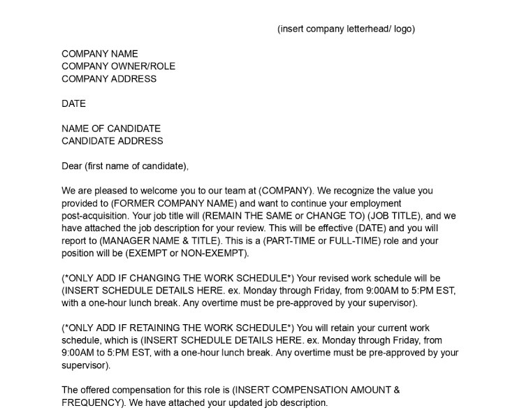 Acquired Company Job Offer Letter Template.