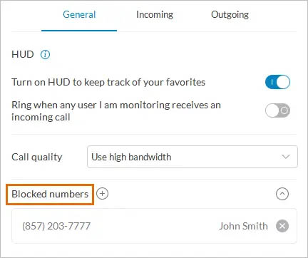 Activating RingCentral call blocking on a specific contact.