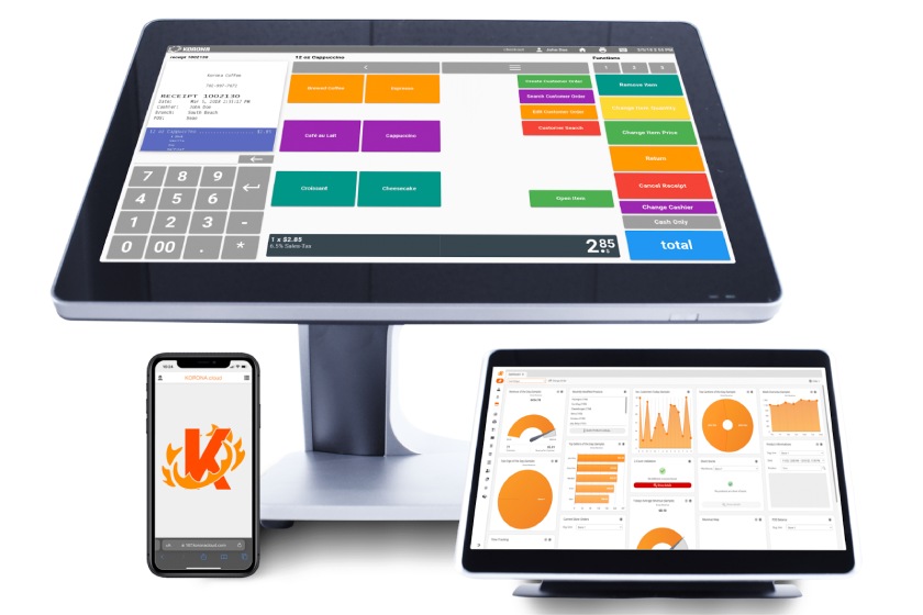 Different devices showing KORONA POS software.