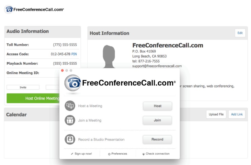 FreeConfrenceCall.com dialog box showing options for hosting a meeting, joining a meeting, and recording a studio.presentation, along with audio and host information in the background.