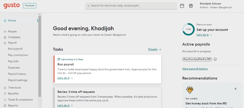 Gusto's payroll dashboard.