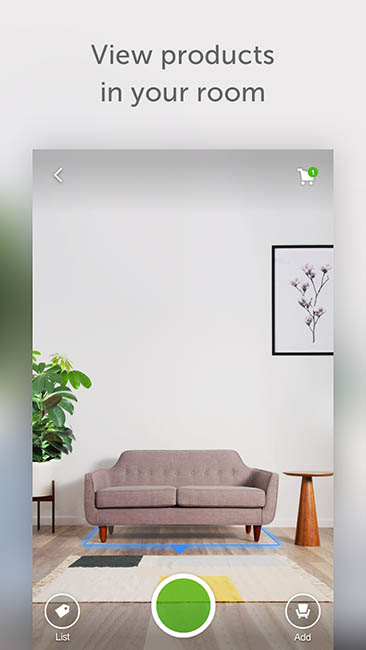 Houzz mobile app screenshot showing augmented reality couch in a living room.