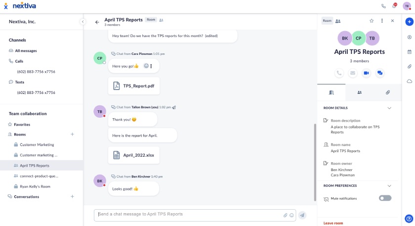 Nextiva's dashboard team collaboration rooms and a sample of a room chat.