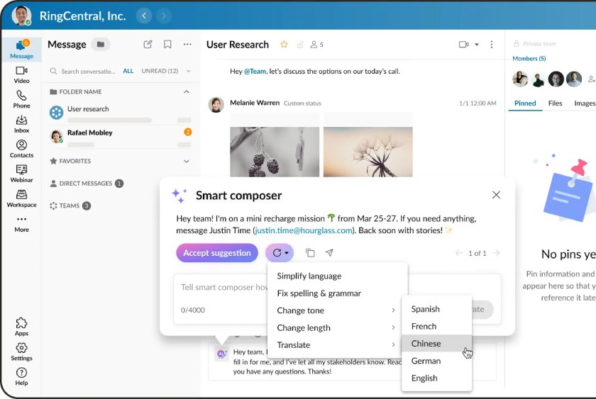 RingCentral messages inbox with AI suggestions and pop up recommendations.
