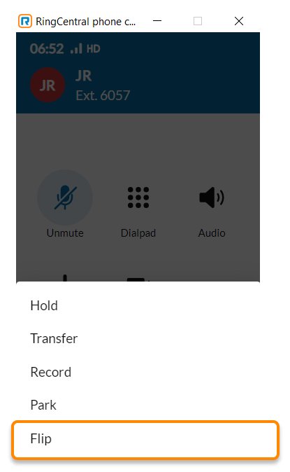 RingCentral interface showing a live call and the call control options with "Flip" highlighted in orange.