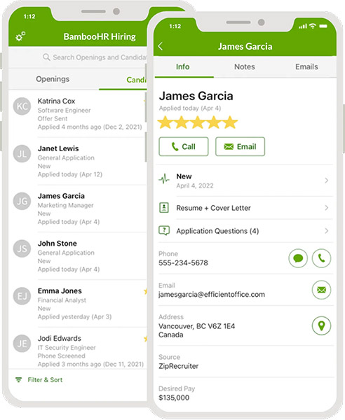 Screenshot showing BambooHR's hiring app for iOS and Android devices.