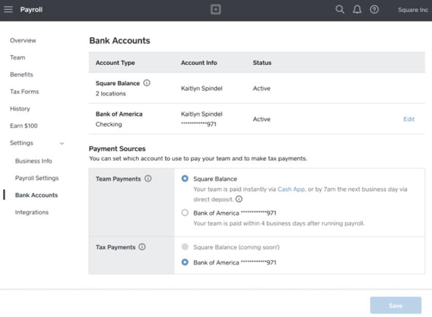 Screenshot showing Square Payroll's payment source settings.