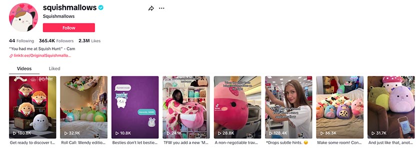 Screenshot of Squishmallows TikTok account with video thumbnails.