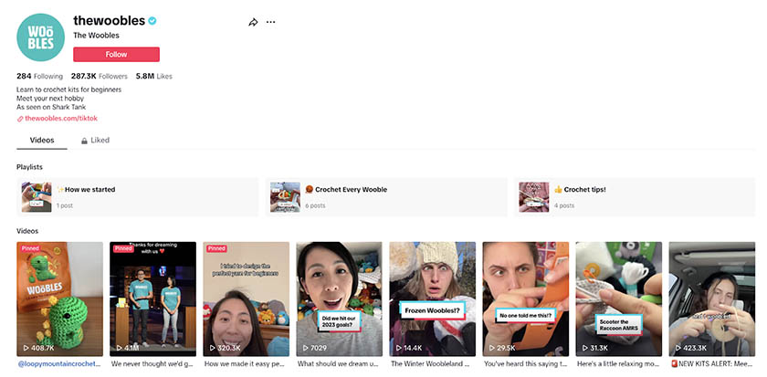 Screenshot of The Woobles TikTok account with video thumbnails.