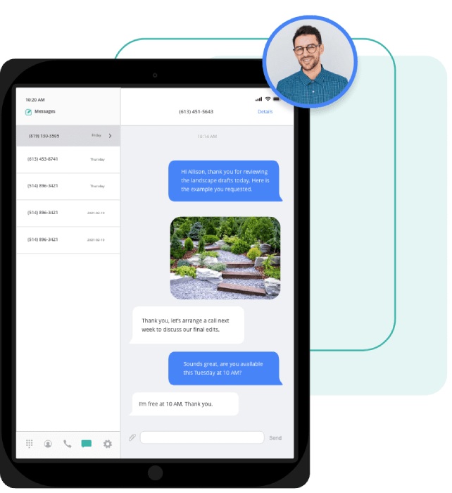 User on the phone with an image overlay of a mobile message exchange.