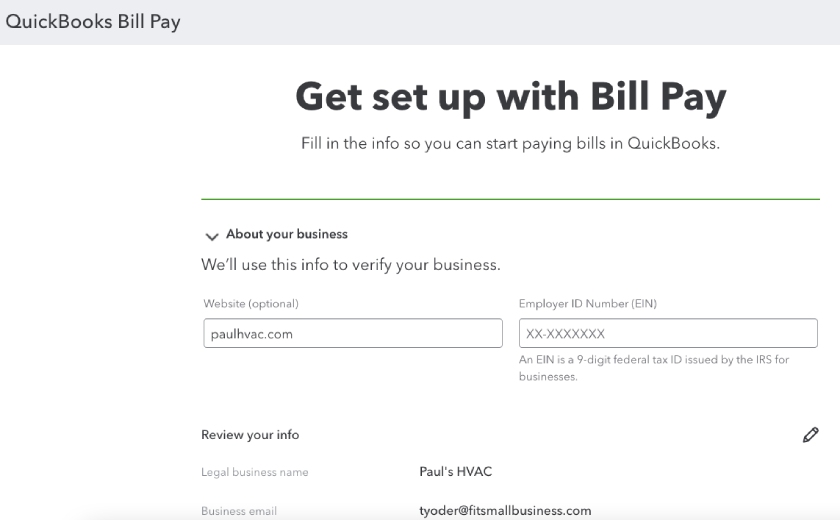 Screen where you can create a QuickBooks Bill Pay account from within QuickBooks Online.