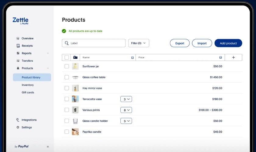 Zettle POS screen with product list on tablet.